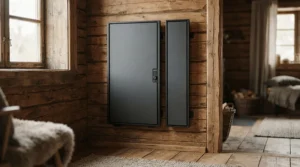 Interior view showing carbon heater panels inside a two person far infrared sauna for apartment living.