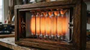 Detail shot of ceramic heating elements inside a two person far infrared sauna for apartment living.