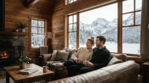 A couple relaxing inside a two person far infrared sauna for apartment living on a rainy afternoon.