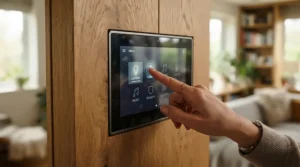 A hand adjusting the digital temperature panel on a two person far infrared sauna for apartment living.