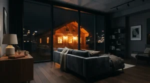 Warm ambient lighting glowing from a two person far infrared sauna for apartment living during night time.