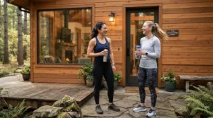 Athletic partners cooling down outside a two person far infrared sauna for apartment living.